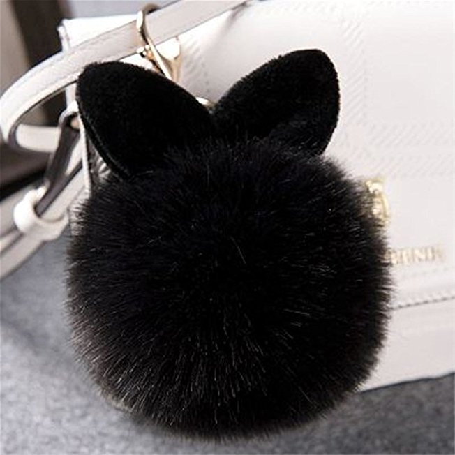12 cm Rabbit Ears Fur Ball Bag Charms with Golden Keyring Pom Pom, Fluffy Fur Ball Keychain for Car Keyring, Charm Gift (Black)