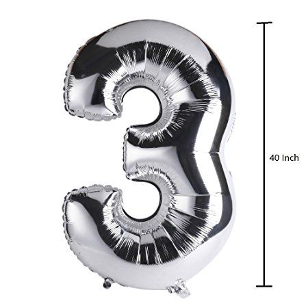 Lokman 40'' Glossy Silver Number 3 Aluminum Foil Helium Balloon for Birthday Party, Anniversary Party Decoration (Number: 3, Silver)