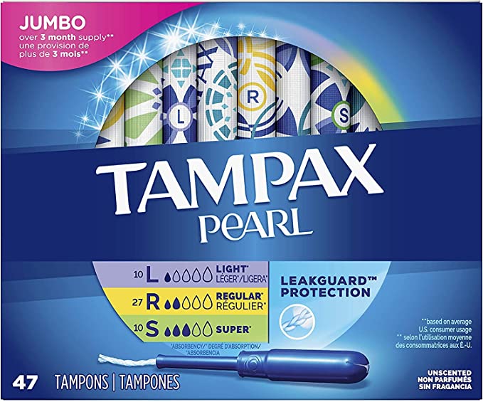 Tampax Pearl Plastic Triple Pack Light/Regular/Super Absorbency Unscented Tampons 50 Count- Packaging May Vary