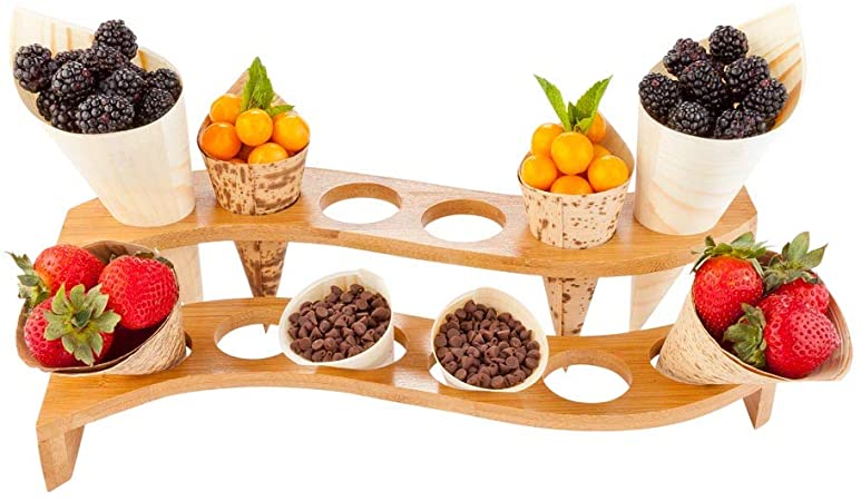 Curved Multi Level Food Cone and Sushi Hand Roll Display Stand: Perfect for Restaurants, Catered Events, and Buffets - Holds 12 Cones - Made from Organic Bamboo - 1ct Box - Restaurantware