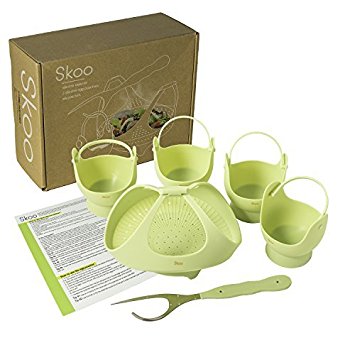 Skoo Silicone Vegetable Steamer Basket, Egg Poachers and Fork Set, for Healthy and Tasty Cooking. Instant Pot Accessories. Natural Green.