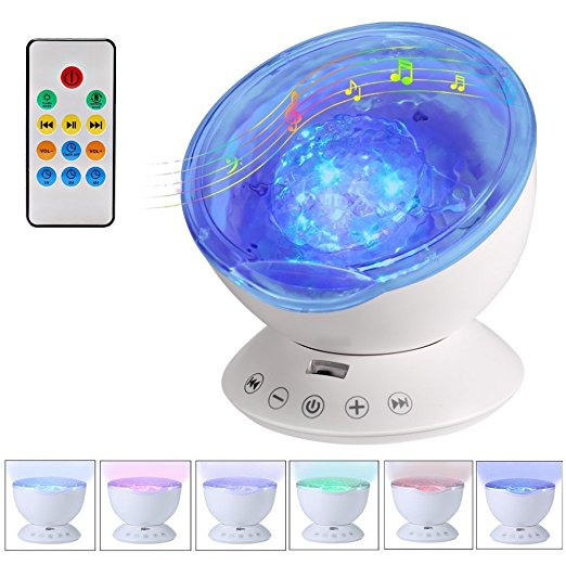 Ocean Wave Projector Night Light with Built-in Music Player, YTOM Remote Control 4 Sounds&7 Lights&12 LED Beads Projection Lamp for Kids Bedroom, 1H/2H/4H Timer, TF Slot, 3.5mm Aux-in (White)