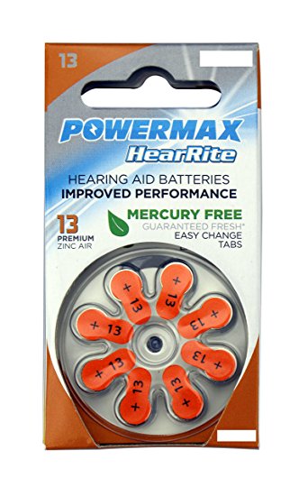Powermax HearRite Zinc Air Mercury-Free Hearing Aid Batteries, Size 13 (Orange Hearing Aid), 64 Count