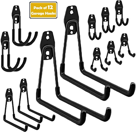 SJEhome Garage 12-Pack Hooks Garage Storage Utility Hooks Steel Tool Organizers Heavy Duty Wall Hooks for Power Tools, Ladders, Bikes, Garden Hoses and Bulk Items（Black）