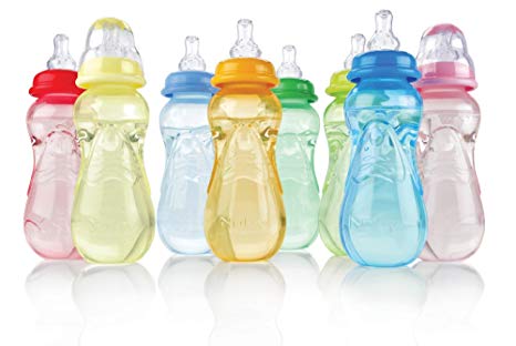 Nuby 3-Pack Non-Drip Standard Neck Bottles, 10 Ounce, Colors May Vary