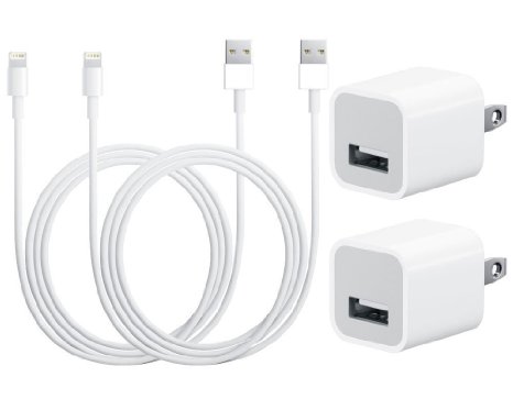 Checkmarte Charging Bundle - 2x Wall Adapter   2X 8 pin 3 foot 1m data transfer cable for Iphone 5/5s/5c/6/6s plus ... (White 2x2)