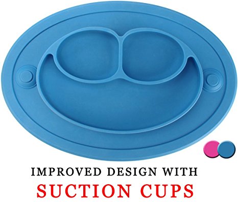 SiliKong Silicone Placemat and Plate One-Piece - IMPROVED Design with Suction Cups, Fits Most Highchair Trays, Microwave, Dishwasher and Oven Safe, FDA Approved, BPA Free (Blue)