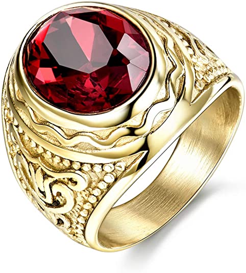 Syink Never Fade Vintage Stainless Steel Ring Mens Wedding Engagement Ring, Cool Oval Red Ruby Color Stone Men Jewelry Gold Tone Size 8-12