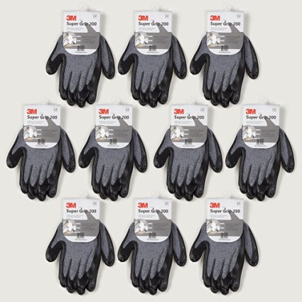 3M Super Grip 200 All Day Comfort Nitrile Foam Coated Work Gloves-10 Pairs (Medium, Gray)