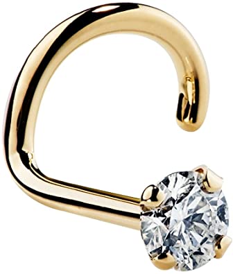 FreshTrends Genuine Diamond Nose Ring Stud 14K Yellow Gold Nose Ring Twist Screw I1 Clarity 20 Gauge