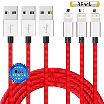 iPhone Cable SGIN, 3Pack 6FT Nylon Braided Cord Lightning Cable Certified to USB Charging Charger for iPhone 7,7 Plus,6S,6s Plus,6,6plus,SE,5S,5,iPad,iPod Nano 7 - Red