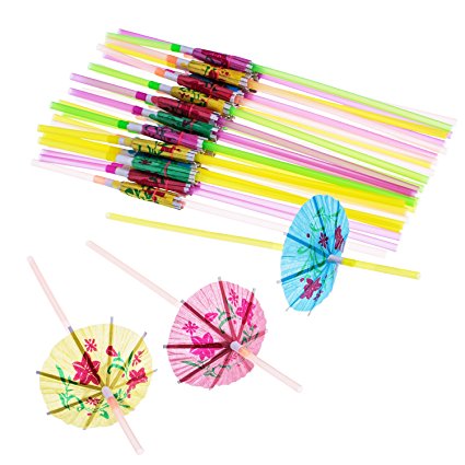 Blulu 100 Pieces Umbrella Disposable Bendable Drinking Straws for Luau Parties, Bars, Restaurants