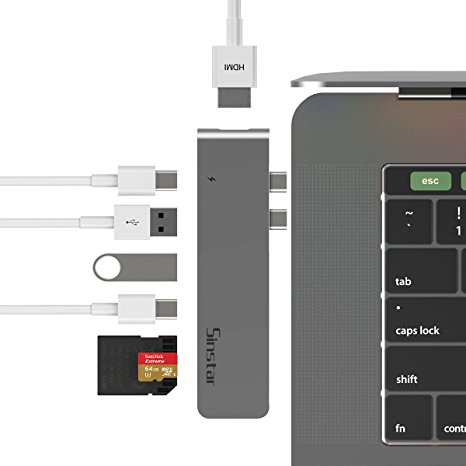 Type-C Hub, Sinstar Dual USB C Hub Adapter for Macbook Pro 2016 & 2017 Pass-Through Charging,Thunderbolt 3 Port 5K, 2 USB 3.0 Ports, 4K HDMI Video Display & SD/Micro Card Reader (Space Gray)