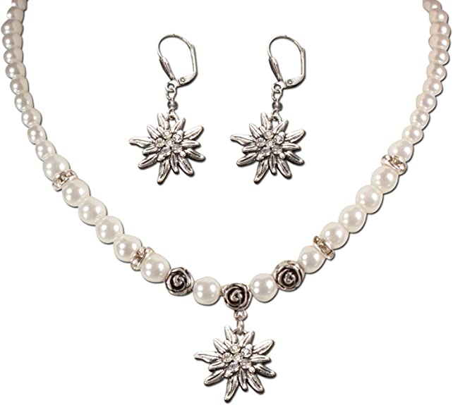 Alpenflüstern Bavarian Necklace and Earring Set Edelweiss (White) - Traditional German Dirndl, Lederhose Jewelry