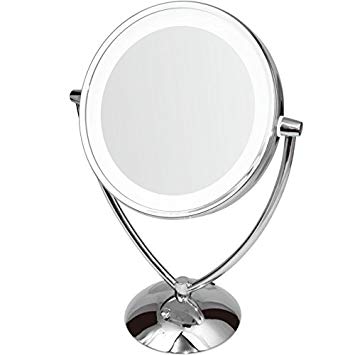 Ovente 9.5” Lighted Tabletop Makeup Mirror, Battery or USB Adapter Operated, 1x10x Magnification, Dimmable Cool-Tone LED Light, Polished Chrome (MLT45CH)