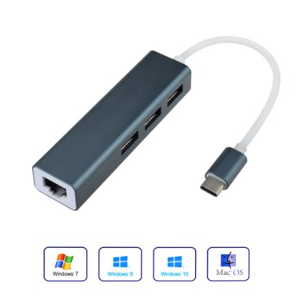 Prociv Type-C to 3-Port USB 3.0 Hub with 10/100/1000 Gigabit Ethernet Adapter for USB Type-C Devices Including the new MacBook, ChromeBook Pixel and More (Black Aluminum)