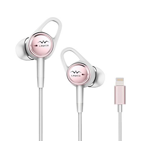 Linner Active Noise Cancelling Wired Earphone, Lightning In-Ear Headphone Earbuds with Built-In Mic and Remote (Comfortable and Secure Fit, MFi Certified) for iPhone 7 6S 6 plus, iPad, iPod -Rose Gold