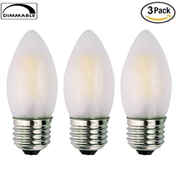 OPALRAY C35 6W LED Candelabra Bulb, Dimmable, Frosted Glass Cover, E26 Medium Base, 600LM 60W Incandescent Equivalent, Warm White Light 2700K, Torpedo Tip, 3-Pack