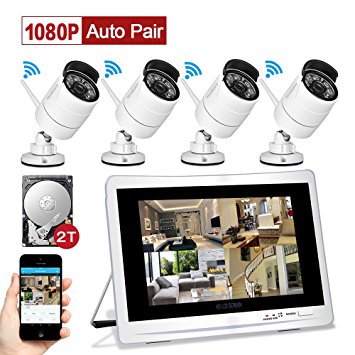 YESKAM Wireless CCTV Camera Systems with 12” LCD HD Monitor 4pcs 1080P Wifi IP Cameras 2.0 Megapixel Video Monitoring Surveillance Kits for Home Outdoor Security Pre-installed 2TB HDD for Recording Motion Activated Remote Viewing on Smart Phone App