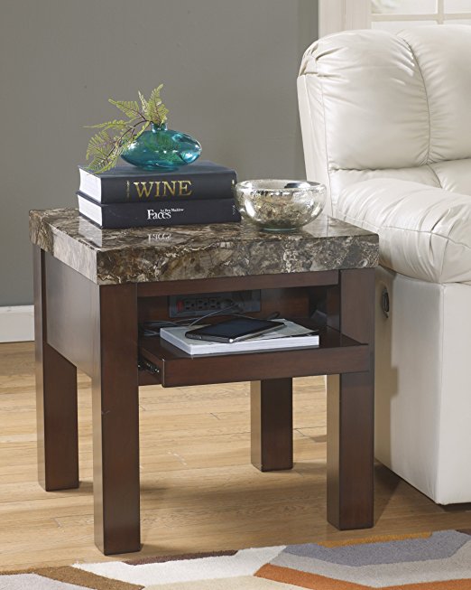 Ashley Furniture Signature Design - Kraleene End Table - Pull Out Tray with USB Ports - Contemporary - Dark Brown