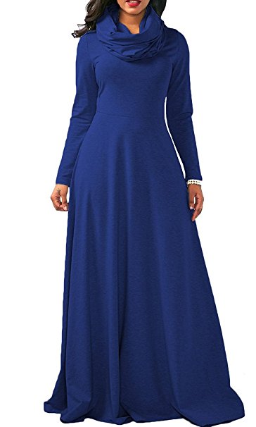 Boloren Women Full Sleeve Cowl Neck Plain Color Thicken Loose Casual Long Maxi Dress