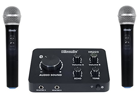 Hisonic HS223 2-in-1 Digital Smart Home Karaoke Sound Mixer & Dual UHF Cordless Microphone System with Wireless Bluetooth Input & HD Multi-media Interface