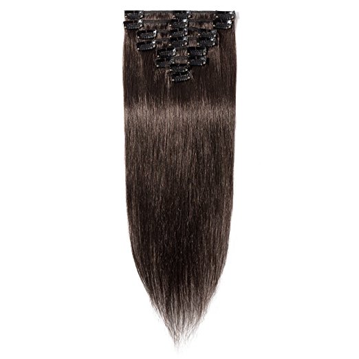 16-22" 100% Clip in Remy Human Hair Extensions Full Head 8pcs 18 Clips Long Silky Straight For Pretty(22" 80g,#2 Dark Brown)
