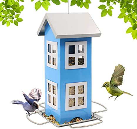 LIMEIDE Bird House Feeders for Outside,Hanging Bird feeders Weatherproof Country House Design for Easy Cleaning & Refills,Come with Hook to Hang on Tree,Poles in Backyard Garden,Patio (Blue)