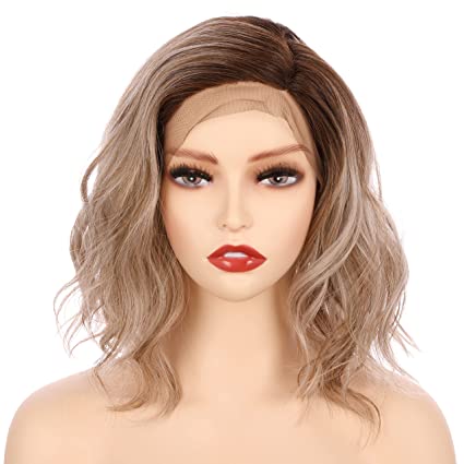 OneDor Shoulder Length Side Part Lace Front Short Wavy Hair Bob Wigs for Women(Light Ash Blonde Evenly Blended with Cool Platinum Blonde and Dark Roots-RL19/23SS)