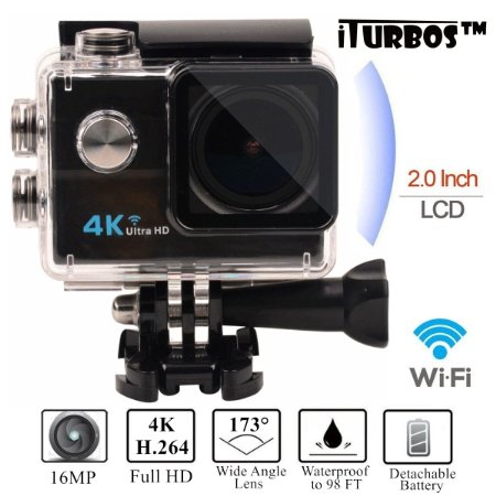 iTURBOS 16MP 4k Sport Action Camera 2inch Sports Video WIFI Cam Underwater Camcorder 1080P Wrist 24G Wireless Portable