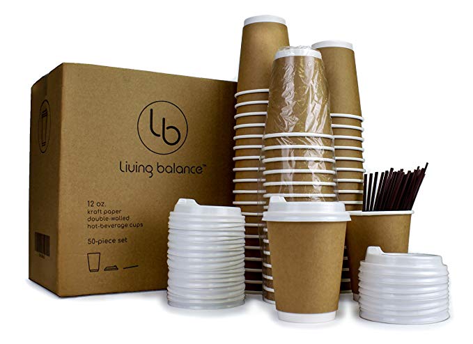 To Go Disposable Coffee Cups with Ergonomic Lids - 50 Piece Set, 12 oz, Kraft Paper, Double-Layer Insulation, Sleeve-Free.