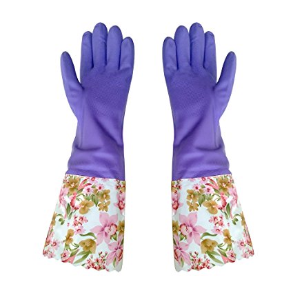 FireBee Household Cleaning Gloves with Waterproof Cloth Cuffs Laundry Gloves Thicken Waterproof Kitchen Dishwashing Gloves with Flock Lining ,1 Pair