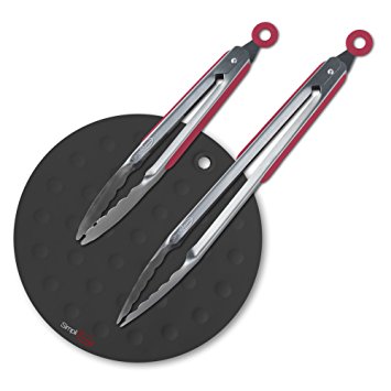 SimpliFine Supreme Tongs - 2 Stainless Steel Kitchen Tongs - Red