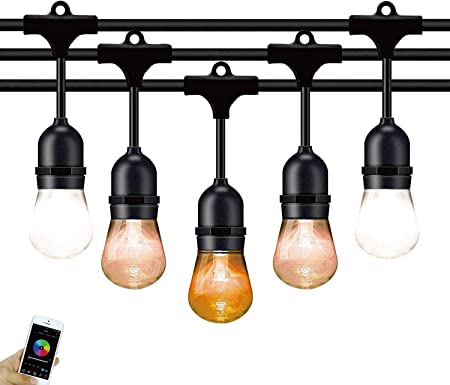 FOXLUX Outdoor String Lights - 48FT Dimmable Smart Outdoor Lights, S14 Plastic Shatterproof and Waterproof LED Lighting, 24 Hanging Sockets, WiFi Control(iOS & Android), Compatible with Amazon Alexa