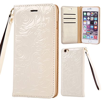 iPhone 6 6s Case,GX-LV iPhone 6 6s Luxury 3D Emboss Floral Pu Leather Card Slots Magnetic Flip Wallet Case Cover with Wrist Strap for Apple iPhone 6/iPhone 6s (A-White)
