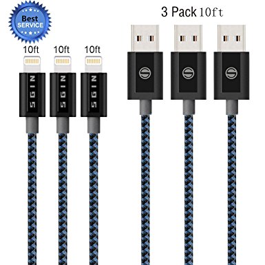 iPhone Cable SGIN,3Pack 10FT Nylon Braided Cord Lightning Cable Certified to USB Charging Charger for iPhone 7,7 Plus,6S,6 Plus,SE,5S,5,iPad,iPod Nano 7 - BlackBlue