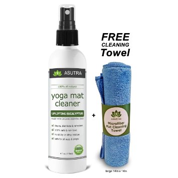 100 Natural and Organic Yoga Mat Cleaner SAFE FOR ALL MATS No Sticky Or Slimy Residue - Cleans Restores Refreshes  FREE Microfiber Cleaning Towel Included