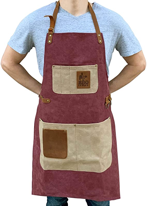 BBQ Butler BBQ Grill Apron - Adjustable Canvas Cooking Apron - XXL - Heavy Duty BBQ Smoker Apron - Work Aprons with Pockets - Grilling Apron - Workshop Aprons for Men - Leather Pockets - Burgundy