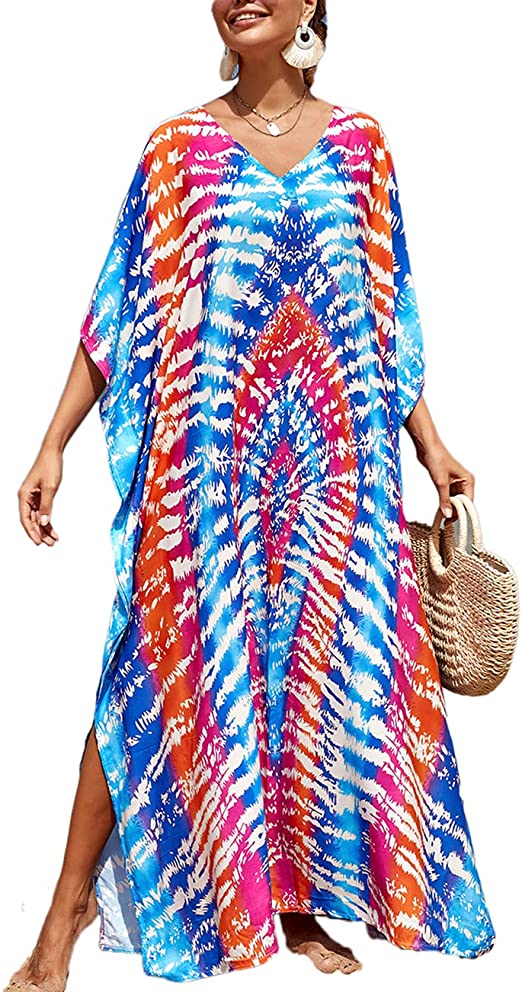 Bsubseach Plus Size Bathing Suit Cover Up Colorful Caftan Dress for Women Long Bikini Coverup