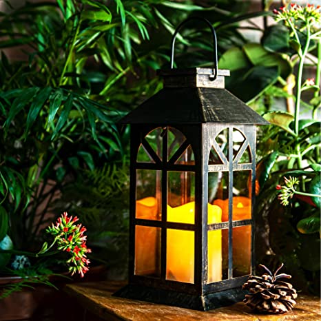 Solar Garden Lantern with Classic Bronze Antique Metal and PVC Construction - Indoor or Outdoor Solar Hanging Lantern or Tabletop - Solar Powered Lantern with LED Flickering Candle