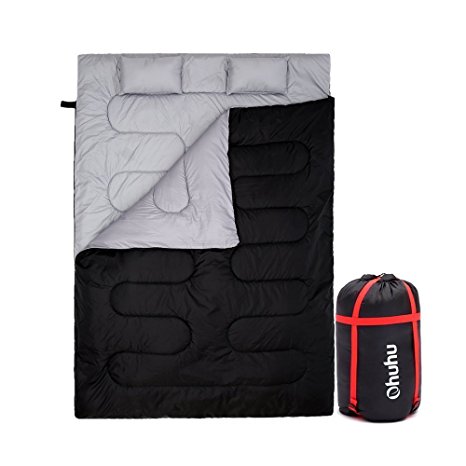 Double Sleeping Bag, Ohuhu 220 x 150cm Huge Double Sleeping Bag with 2 Free Pillows and a Carrying Bag, Four Double Zipper Pullers