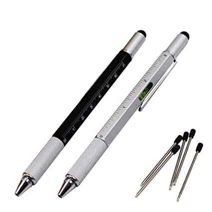 2PCS PACK 6 in 1 Screwdriver Tool Pen - Mini Multifunction Pen with Stylus, Flat and Phillips Screwdriver Bit, Bubble Level and inch cm Ruler all in one (Black and Silver)