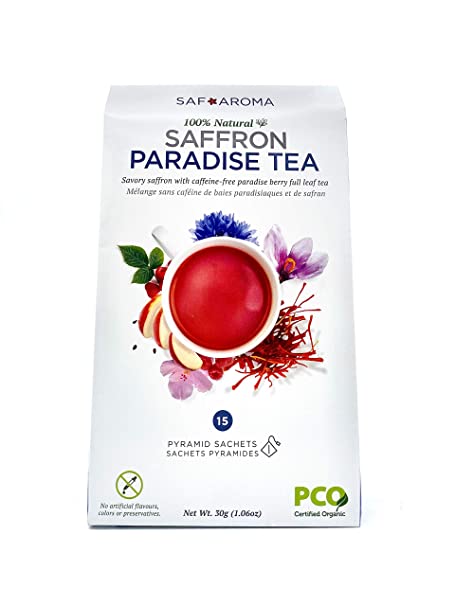 Safaroma Saffron Paradise Tea - Caffeine-Free Containing Premium Red Saffron Threads & Hibiscus - Exotic Fruit Gourmet Blend Saffron Eco-Conscious Tea Sachets