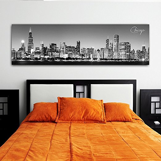 Black & White Panoramic Cities 14"X48" Canvas Chicago1 City 14"x 48" Wall Decoration Photography Image Printed on Canvas Stretched & Framed Ready to Hang