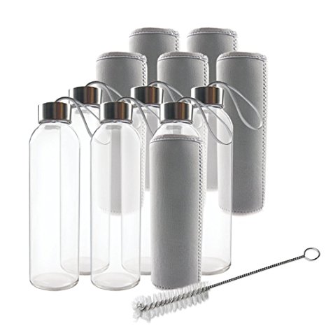 Teikis Glass Water Bottles 18oz with Stainless Steel Cap, Brush and Nylon Protection Sleeve