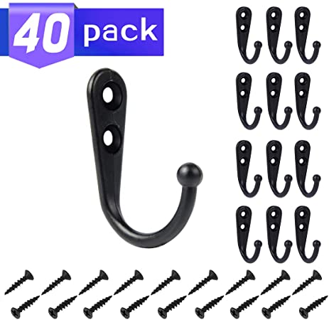 Small Hooks,Coat Hooks,40 Pieces Wall Mounted Hook Robe Hooks and 80 Pieces Screws,Black