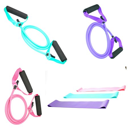 #1 Women's Resistance Band Kit | Physical Therapy Bands | Includes 3 Loop Bands and 3 Tube Bands | Comes in Pink, Purple and Aqua