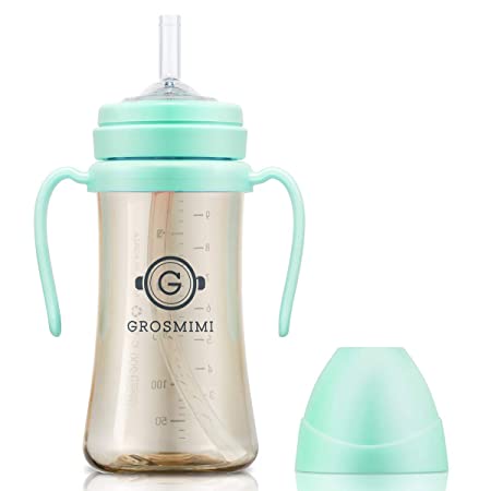 Grosmimi Spill Proof no Spill Magic Sippy Cup with Straw with Handle for Baby and Toddlers, Customizable, PPSU, BPA Free 10 oz (Aqua Green)