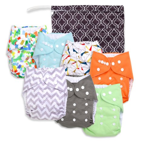 Baby Cloth Pocket or Cover Diapers 7 Pack with 7 Bamboo Inserts and 1 Wet Bag in Modern Patterns for Boy or Girl by Noras Nursery