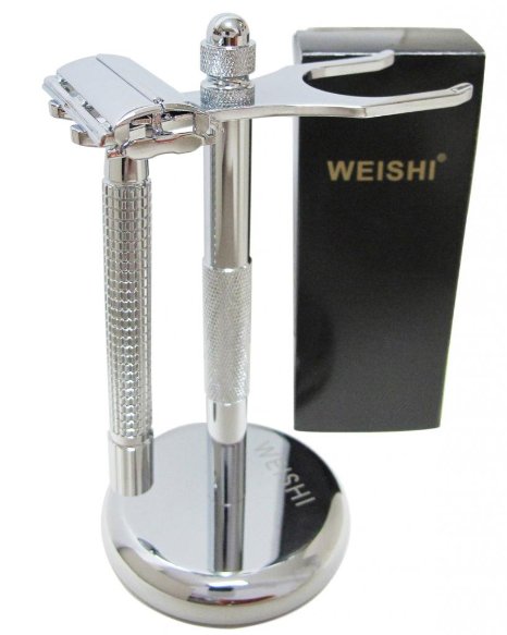 WEISHI Deluxe Zinc Alloy Razor and Brush Stand Set. Includes WEISHI Deluxe Stand & Chrome Long Handle Version Butterfly Open Double Edge Safety Razor.